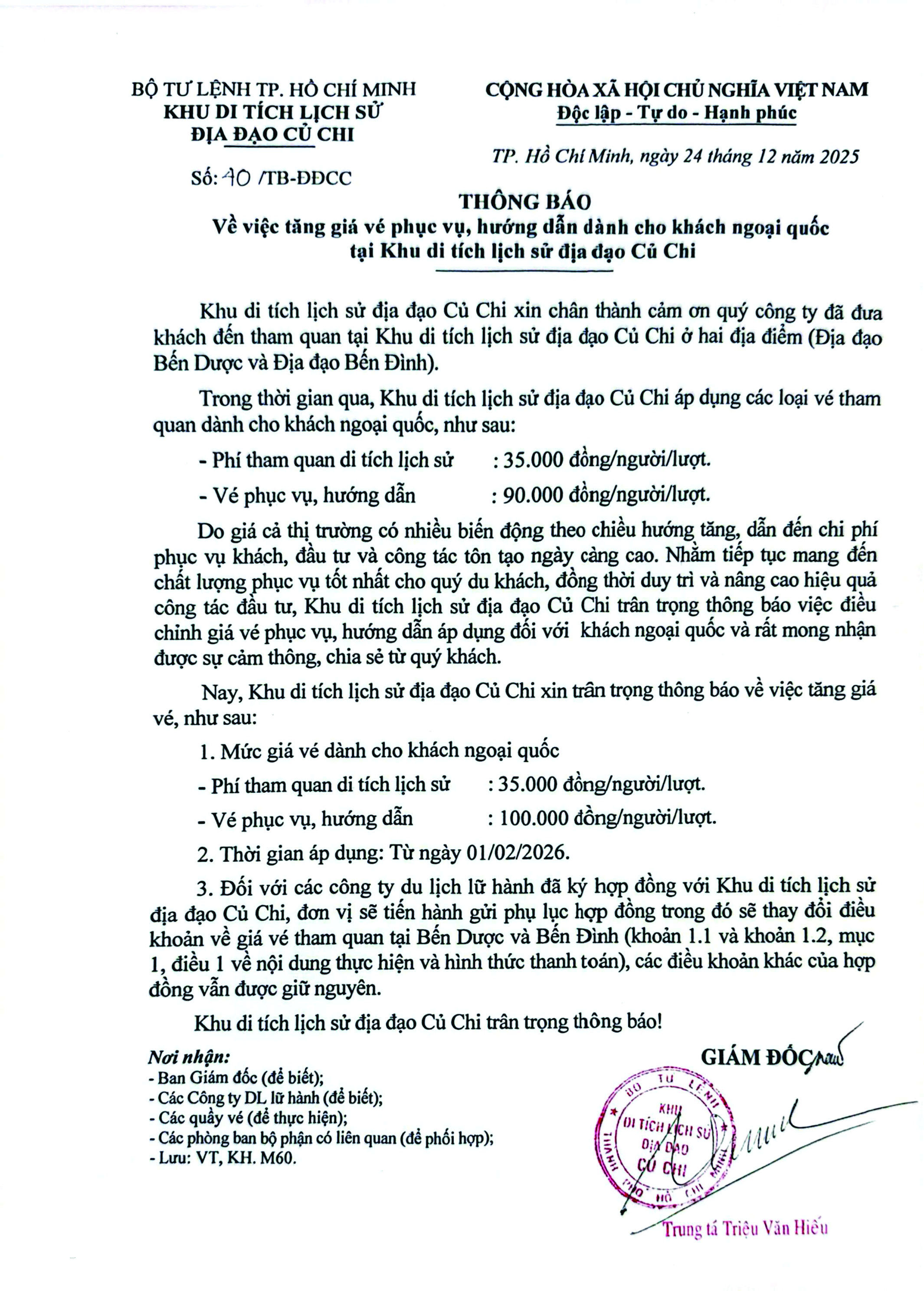 THÔNG BÁO TĂNG GIÁ VÉ PHỤC VỤ HƯỚNG DẪN